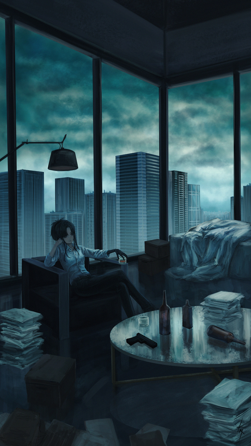 angelia_(girls'_frontline) bangs bed bed_sheet black_pants bottle box breasts building ceiling city cityscape clouds cloudy_sky collarbone commentary couch crossed_legs cup dindsau drink drinking_glass english_commentary file floor girls_frontline grey_sky gun hand_on_own_head handgun hanging_light head_rest highres holding holding_cup indoors lamp leaning looking_to_the_side mechanical_arms medium_breasts on_couch on_table pants paper paperwork pile_of_paper pistol pleated_shirt prosthesis prosthetic_arm rain shirt sidelocks signature sitting sky skyscraper sleeves_rolled_up staring table tumbler weapon white_shirt window