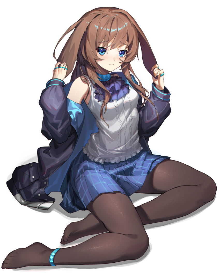 1girl absurdres amiya_(arknights) animal_ears anklet arknights ascot bangs bare_shoulders black_ascot black_legwear blue_eyes blue_skirt blush breasts brown_hair chinese_commentary closed_mouth commentary_request ears_down eyebrows_visible_through_hair full_body highres jewelry long_hair long_sleeves looking_at_viewer low_ponytail medium_breasts miniskirt mo_ying_yu multiple_rings no_shoes off_shoulder plaid plaid_skirt pleated_skirt rabbit_ears ring shirt sidelocks single_bare_shoulder sitting skirt sleeveless solo white_shirt yokozuwari