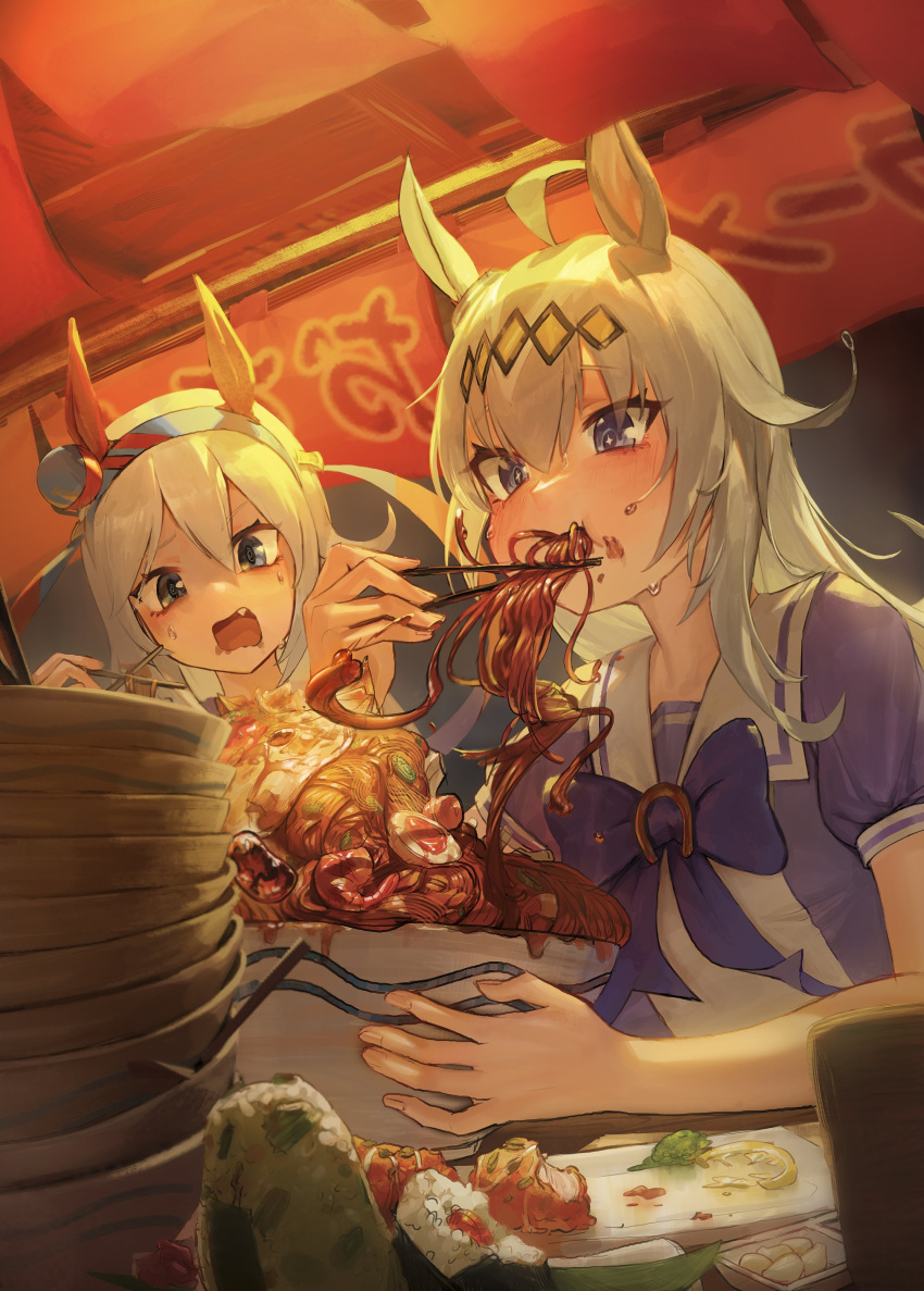 +_+ 2girls absurdres ahoge animal_ears bangs blue_eyes blush bow bowl bowtie chopsticks ear_covers eating egg fang food food_on_face food_stand grey_hair hair_between_eyes hairband highres holding holding_chopsticks horse_ears horse_girl jongigeguli_rto long_hair market_stall multiple_girls noodles oguri_cap_(umamusume) onigiri open_mouth plate sailor_collar school_uniform serafuku shaded_face short_sleeves sweat tamamo_cross_(umamusume) tracen_school_uniform umamusume white_sailor_collar