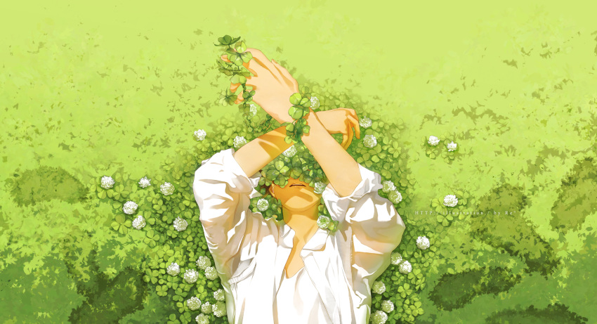 1boy commentary_request covered_eyes covered_face day flower from_above grass green_theme highres lying male_focus on_back open_mouth original outdoors plant rido_(ridograph) shadow shirt solo teeth upper_body upper_teeth white_flower white_shirt