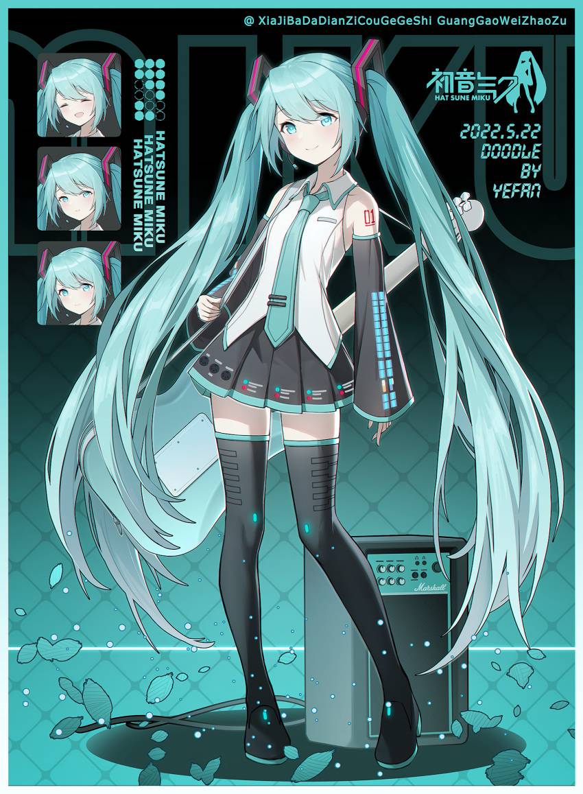 1girl aqua_eyes aqua_hair aqua_nails aqua_necktie arm_tattoo artist_name black_legwear boots border character_name closed_eyes closed_mouth commentary_request dated detached_sleeves expressions flat_chest full_body gradient_border green_border grey_shirt guitar hatsune_miku headphones headset highres instrument long_hair looking_at_viewer necktie open_mouth pleated_skirt segment_display shirt shoulder_strap signature skirt smile solo standing tattoo thigh-highs thigh_boots tie_clip tile_background twintails very_long_hair vocaloid white_border yefan