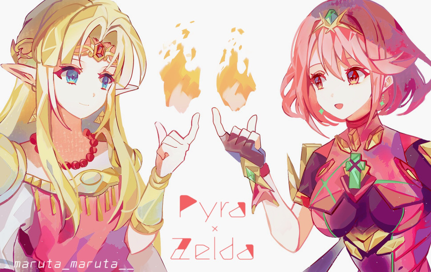 bangs black_gloves blonde_hair blue_eyes breasts chest_jewel crossover earrings fingerless_gloves gloves headpiece highres jewelry large_breasts maruta_maruta pointy_ears princess_zelda pyra_(xenoblade) red_eyes redhead short_hair swept_bangs the_legend_of_zelda tiara xenoblade_chronicles_(series) xenoblade_chronicles_2