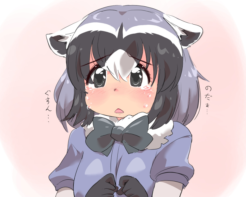 1girl animal_ears black_bow black_bowtie black_gloves blue_hair blue_sweater blush bow bowtie commentary_request common_raccoon_(kemono_friends) ears_down elbow_gloves fur_collar gloves grey_eyes grey_hair kemono_friends multicolored_hair puffy_short_sleeves puffy_sleeves raccoon_ears raccoon_girl short_hair short_sleeves solo sweater tears translation_request two-tone_gloves umikaze_shuu upper_body white_fur white_gloves white_hair