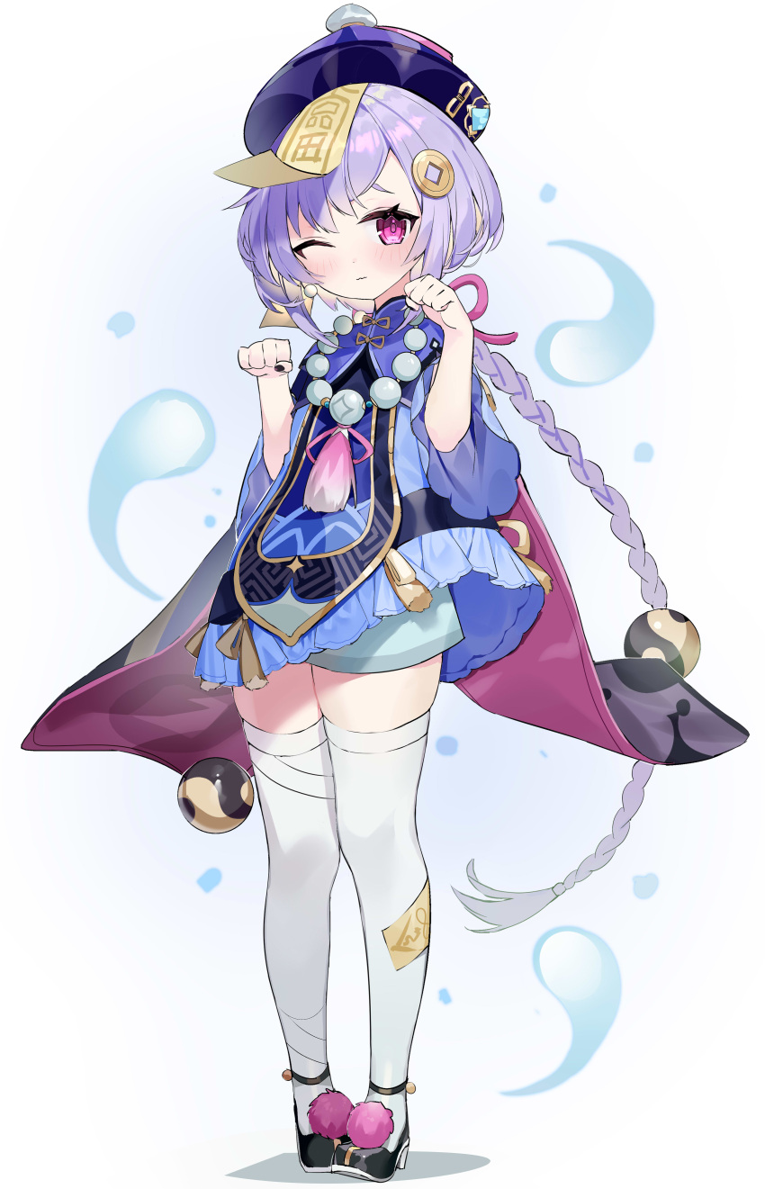 1girl absurdres bangs bead_necklace beads blue_shorts cape chinese_clothes coin_hair_ornament commentary eyebrows_visible_through_hair full_body genshin_impact hair_between_eyes hat highres jewelry long_hair long_sleeves looking_at_viewer low_ponytail necklace ofuda one_eye_closed orb paw_pose purple_hair qing_guanmao qiqi_(genshin_impact) short_shorts shorts sidelocks simple_background solo standing violet_eyes vision_(genshin_impact) wavy_mouth white_legwear yin_yang yin_yang_orb yuia zettai_ryouiki