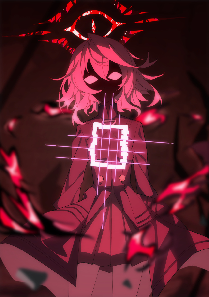 1girl aura blank_eyes blue_archive broken_halo buttons chinese_commentary coat commentary_request dark_aura dark_background dusk_ming expressionless glowing halo highres hoshino_(blue_archive) hoshino_terror_(blue_archive) medium_hair no_pupils pink_hair pink_halo skirt solo spoilers