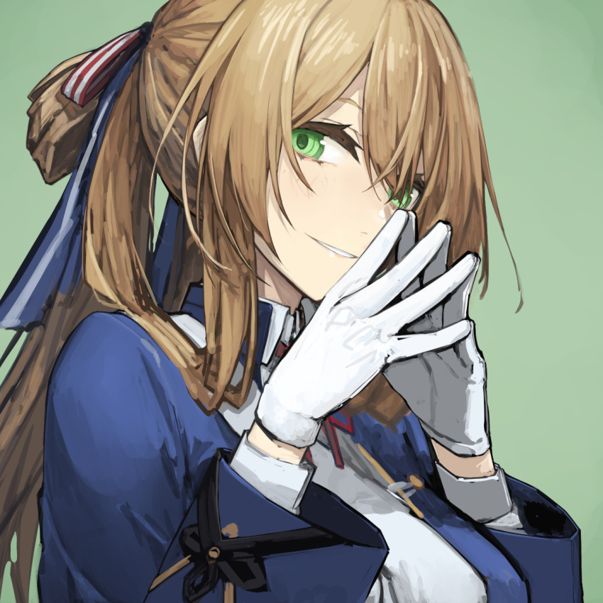 1girl bangs banned_artist blue_jacket breasts girls_frontline gloves green_background green_eyes hair_between_eyes hair_ribbon hair_rings highres jacket long_hair long_sleeves looking_at_viewer mikoto_(oi_plus) parted_lips ponytail ribbon simple_background solo springfield_(girls'_frontline) steepled_fingers upper_body white_gloves