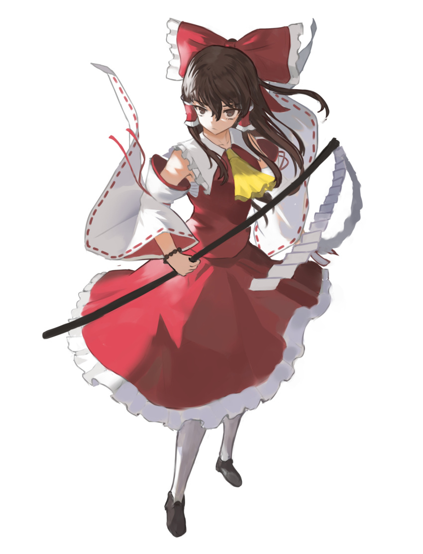 1girl ascot bow brown_eyes brown_hair detached_sleeves frills from_above full_body gohei hair_between_eyes hair_bow hair_tubes hakurei_reimu highres holding holding_stick long_hair looking_at_viewer red_bow red_skirt ribbon-trimmed_sleeves ribbon_trim shirt shoes skirt solo standing stick teasmacker touhou white_legwear wide_sleeves