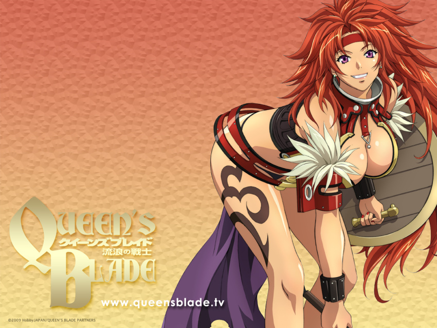 armor belt bent_over breasts cleavage earrings headband jewelry large_breasts listy long_hair official_art purple_eyes queen's_blade queen's_blade red_hair risty shield smile solo tattoo wallpaper