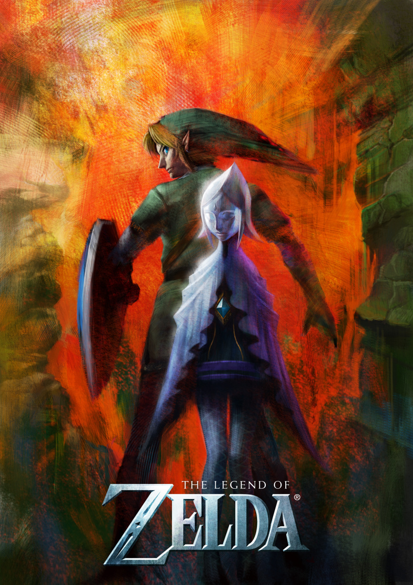 blonde_hair blue_eyes cap cape earrings green_clothes hylian jewelry link male official_art personification phi_(skyward_sword) pointy_ears shield short_dress short_hair skyward_sword stocking the_legend_of_zelda white_hair