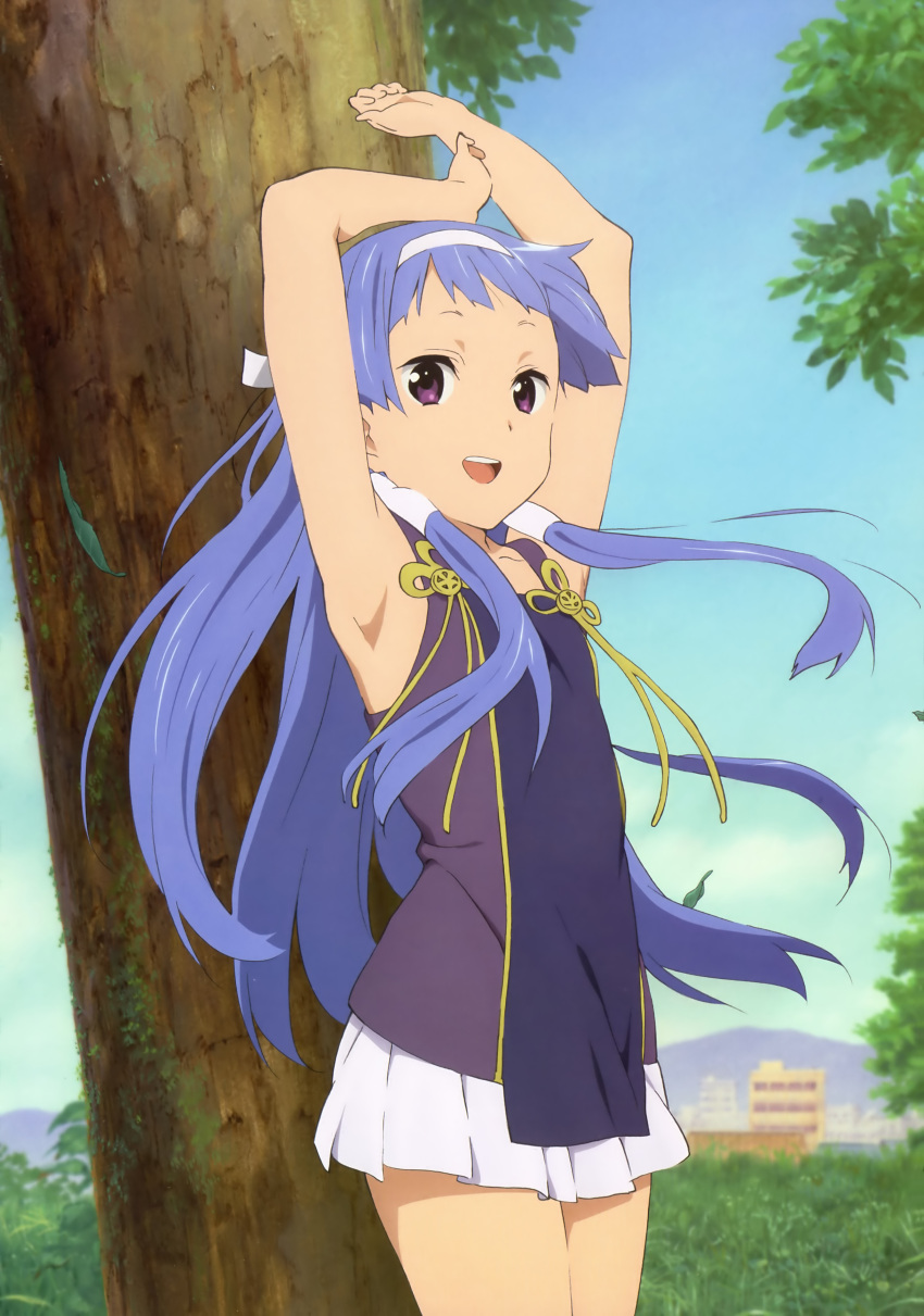 1girl :d absurdres armpits arms_up blue_hair blunt_bangs hair_tubes hairband highres kannagi looking_at_viewer nagi official_art open_mouth purple_eyes sky smile solo tree