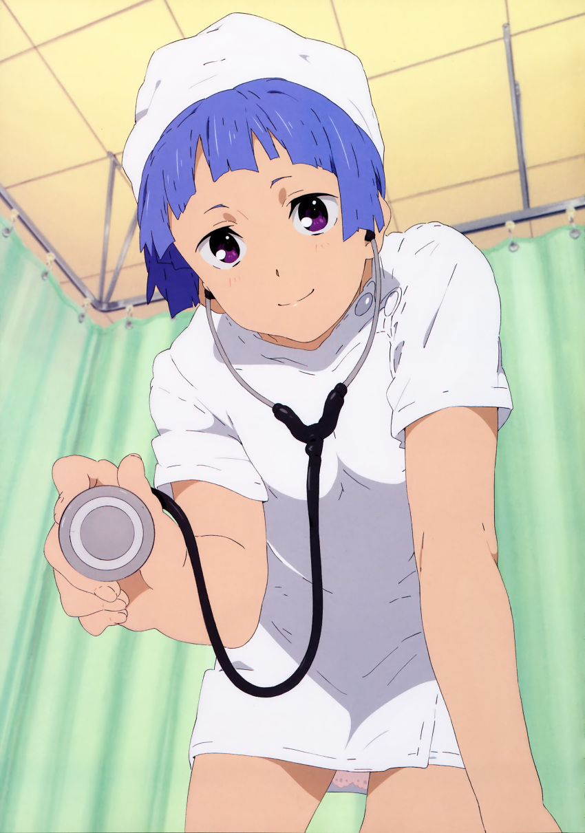 1girl absurdres blue_hair blunt_bangs highres kannagi looking_at_viewer nagi nurse nurse_uniform official_art purple_eyes smile solo