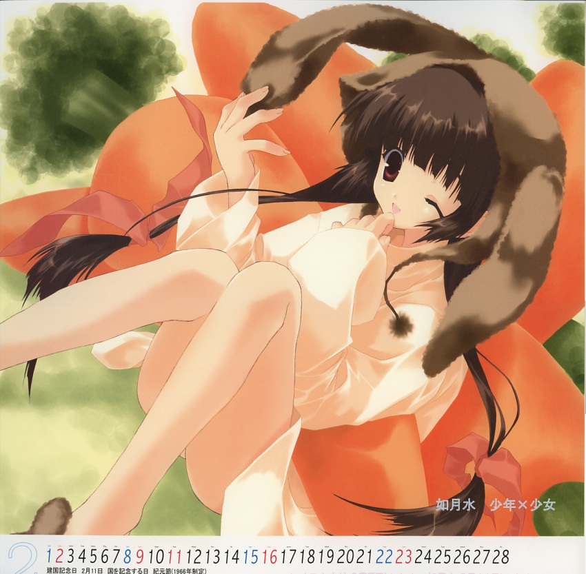 animal_ears bottomless brown_eyes brown_hair bunny_ears calendar carrot finger_to_mouth hair_ribbon kisaragi_mizu legs long_hair original oversized_object ribbon scan sleeves_past_wrists smile twintails very_long_hair wince