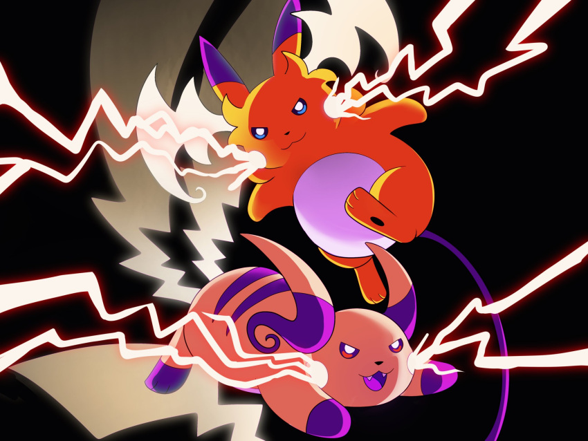 blue_eyes brown_eyes closed_mouth electricity fangs highres kuroosawaa looking_at_viewer mega_pokemon mega_raichu_x mega_raichu_y multiple_tails no_humans open_mouth orange_fur pokemon pokemon_(creature) pokemon_focus pokemon_legends:_z-a raichu smile tail very_long_ears very_long_tail yellow_fur