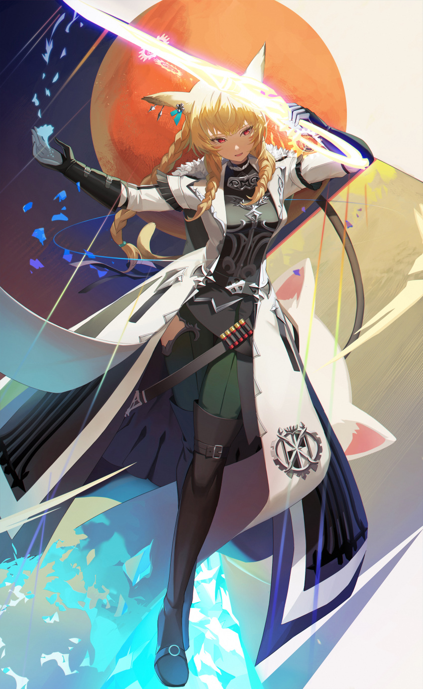1girl absurdres ammunition animal_ears blonde_hair braid elbow_gloves eruthika final_fantasy final_fantasy_xiv gloves highres holding holding_weapon jacket jewelry looking_at_viewer moogle red_eyes shotgun_shell smile solo sword twin_braids weapon
