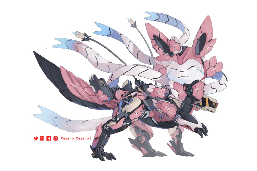 :3 ^_^ artist_name bow cable closed_eyes closed_mouth commentary eevee english_commentary facebook_logo facebook_username full_body happy highres instagram_logo instagram_username mecha no_humans pink_bow pixiv_logo pixiv_username pokemon pokemon_(creature) simple_background smile standing sylveon twitter_logo twitter_username watermark white_background xezeno