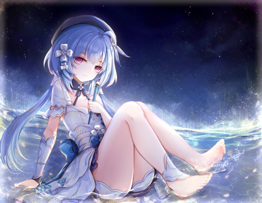 1girl absurdres bangs barefoot blue_hair closed_mouth dress full_body griseo hair_ornament highres holding holding_brush honkai_(series) honkai_impact_3rd long_hair looking_at_viewer shuiyinzijun sitting smile solo toes twintails violet_eyes water white_dress