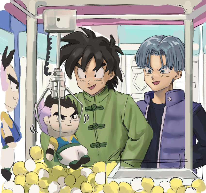 2boys ball black_eyes black_hair blue_eyes brush_stroke character_doll commentary_request day dragon_ball dragon_ball_super dragon_ball_super_super_hero gotenks highres jacket long_sleeves male_child male_focus multiple_boys open_mouth outdoors purple_hair purple_jacket short_hair smile son_goten spiky_hair stuffed_toy tommmmieee toy trunks_(dragon_ball) vending_machine window