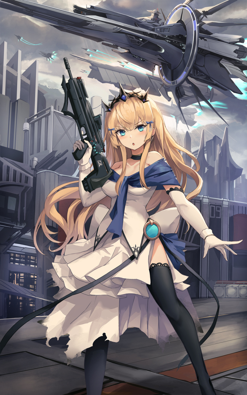 1girl blonde_hair blue_eyes blush dress elbow_gloves eruthika gloves gun highres holding holding_gun holding_weapon jewelry looking_at_viewer open_mouth original outdoors science_fiction solo spacecraft thigh-highs tiara weapon