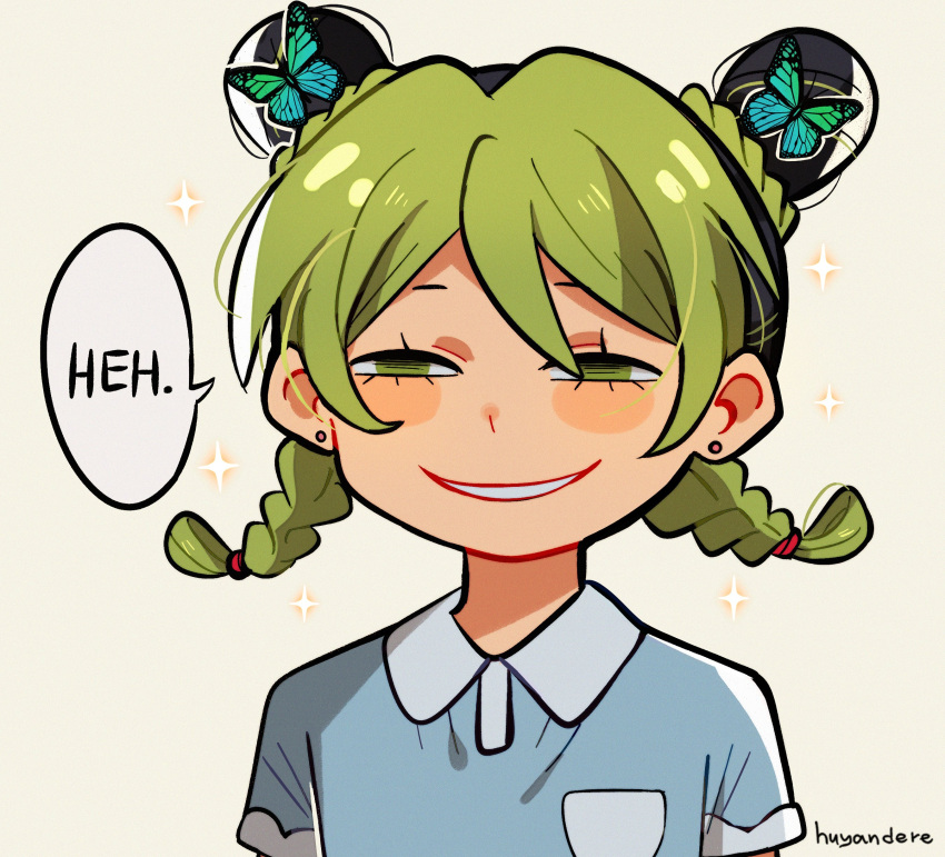 1girl absurdres anya's_heh_face_(meme) black_hair blush_stickers braid braided_bun butterfly_hair_ornament child double_bun earrings female_child green_eyes green_hair hair_bun hair_ornament hair_over_one_eye half-closed_eyes highres huyandere jewelry jojo_no_kimyou_na_bouken kujo_jolyne looking_at_viewer meme multicolored_hair scene_reference short_sleeves simple_background smug solo sparkle speech_bubble spy_x_family stone_ocean stud_earrings twintails twitter_username two-tone_hair