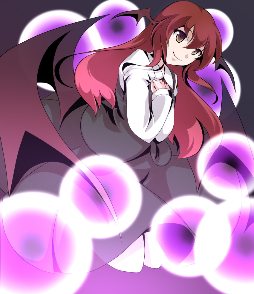 1girl alternate_eye_color bat_wings black_skirt black_vest brown_eyes collared_shirt danmaku dress_shirt eyebrows_visible_through_hair full_body gradient gradient_background hair_between_eyes hal_(goshujinomocha) hands_on_own_chest head_wings highres juliet_sleeves koakuma long_hair long_sleeves looking_at_viewer low_wings necktie puffy_sleeves purple_background red_necktie redhead shirt sidelocks simple_background skirt skirt_set smile solo touhou vest white_shirt wings