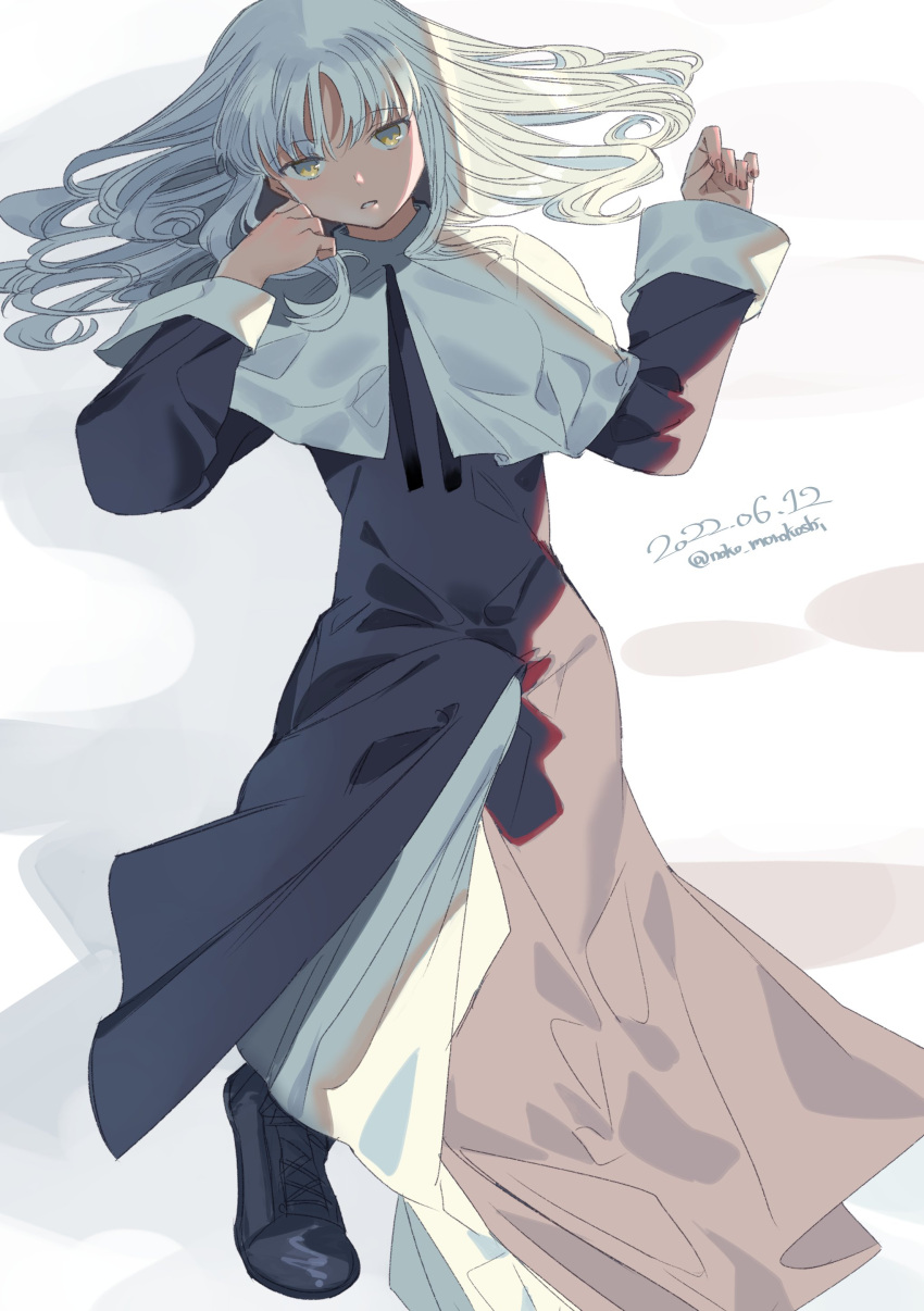 1girl 2022 absurdres bangs caren_hortensia dated dress eyebrows_visible_through_hair fate/hollow_ataraxia fate_(series) grey_hair hair_between_eyes highres long_hair long_sleeves looking_at_viewer noko_morokoshi open_mouth robe simple_background solo twitter_username white_background yellow_eyes
