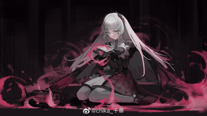 1girl aiming_at_viewer ammunition_belt ankle_boots arknights artist_name belt black_footwear black_gloves black_jacket boots capelet chika_qianhua closed_mouth earrings full_body gloves grey_hair gun head_wings highres holding holding_gun holding_weapon irene_(arknights) jacket jewelry lantern long_hair long_sleeves looking_at_viewer medium_skirt print_skirt scar scar_across_eye scar_on_face sitting skirt solo straight_hair very_long_hair wariza weapon weibo_username white_capelet white_hair white_skirt