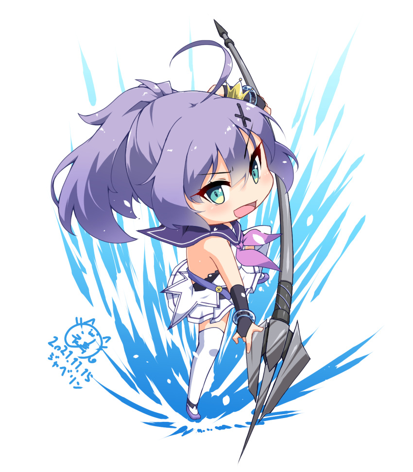 1girl :d azur_lane bangs bracelet commentary_request crown english_commentary eyebrows_visible_through_hair fighting_stance green_eyes hair_between_eyes hair_ornament hairclip highres holding holding_polearm holding_weapon inori_(xyz5568) javelin_(azur_lane) javelin_(spear) jewelry long_hair looking_at_viewer mini_crown polearm ponytail purple_hair retrofit_(azur_lane) school_uniform serafuku sidelocks signature sleeveless smile solo v-shaped_eyebrows weapon