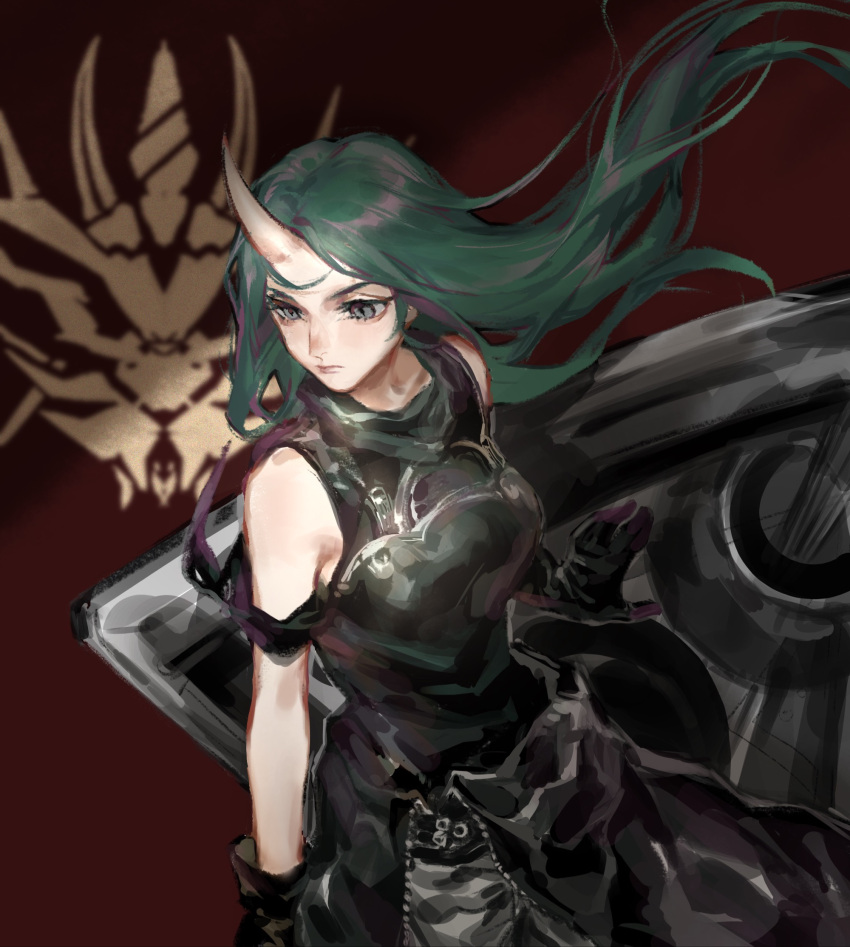 1girl 7ryryry arknights bare_shoulders black_gloves black_shirt chinese_commentary clothes_around_waist commentary_request cowboy_shot floating_hair from_above gloves green_hair grey_eyes hannya_(arknights) highres horns hoshiguma_(arknights) long_hair looking_ahead oni_horns red_background shield shirt single_horn sleeveless sleeveless_shirt solo