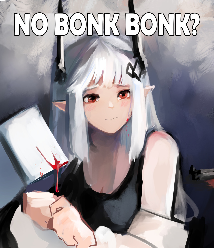 1girl absurdres arknights bangs bare_shoulders black_shirt black_tank_top blood blood_on_face blunt_bangs english_text furrowed_brow hair_ornament hammer highres holding holding_weapon horns looking_to_the_side meme mudrock_(arknights) no_bitches?_(meme) red_eyes shirt sidelocks sledgehammer solo tank_top upper_body wawamachi_(wawamachis) weapon white_hair