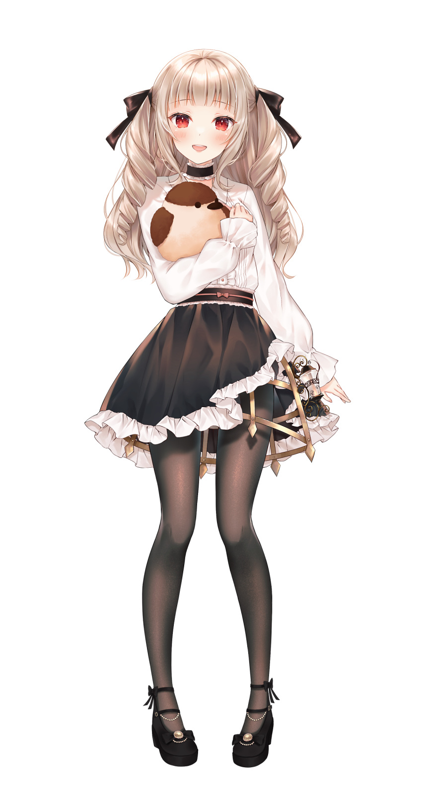 1girl :d absurdres bird black_footwear black_legwear black_skirt blush commentary_request eyebrows_visible_through_hair frilled_skirt frills full_body hair_ribbon haruhitooo highres light_brown_hair long_hair long_sleeves original pantyhose pigeon-toed red_eyes ribbon ringlets simple_background skirt smile solo standing tachi-e white_background