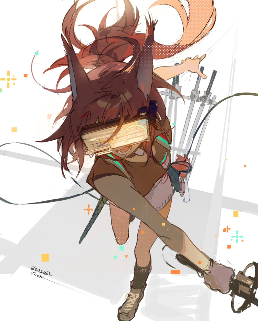 1girl absurdres animal_ears ankle_boots arknights black_legwear boots breasts brown_footwear dated flametail_(arknights) flametail_(sport_for_all)_(arknights) head-mounted_display highres holding holding_sword holding_weapon kneehighs leg_up long_hair medium_breasts miniskirt official_alternate_costume open_mouth ponytail red_shirt redhead shirt short_sleeves simple_background skirt solo squirrel_ears standing standing_on_one_leg sword twitter_username very_long_hair weapon white_background white_skirt ykhrcca