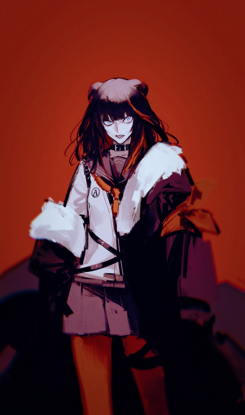 1girl absurdres animal_collar animal_ears arknights bangs bear_ears black_coat black_collar black_hair black_skirt blue_eyes blunt_bangs coat coat_partially_removed collar commentary constricted_pupils feet_out_of_frame fur-trimmed_coat fur_trim highres huangjin_shizi jacket long_hair looking_up multicolored_hair neckerchief open_mouth orange_hair orange_neckerchief pantyhose red_background red_legwear red_pupils sailor_collar simple_background sketch skirt solo standing streaked_hair symbol-only_commentary two-tone_hair uneven_eyes white_jacket zima_(arknights)