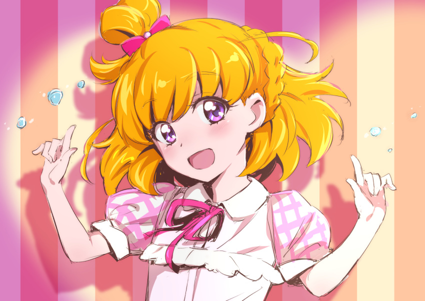 1girl :d asahina_mirai blonde_hair bow commentary_request eyebrows_visible_through_hair hair_bow index_finger_raised looking_at_viewer mahou_girls_precure! nakahira_guy pink_bow pink_ribbon precure ribbon short_hair short_sleeves smile solo striped upper_body vertical_stripes violet_eyes