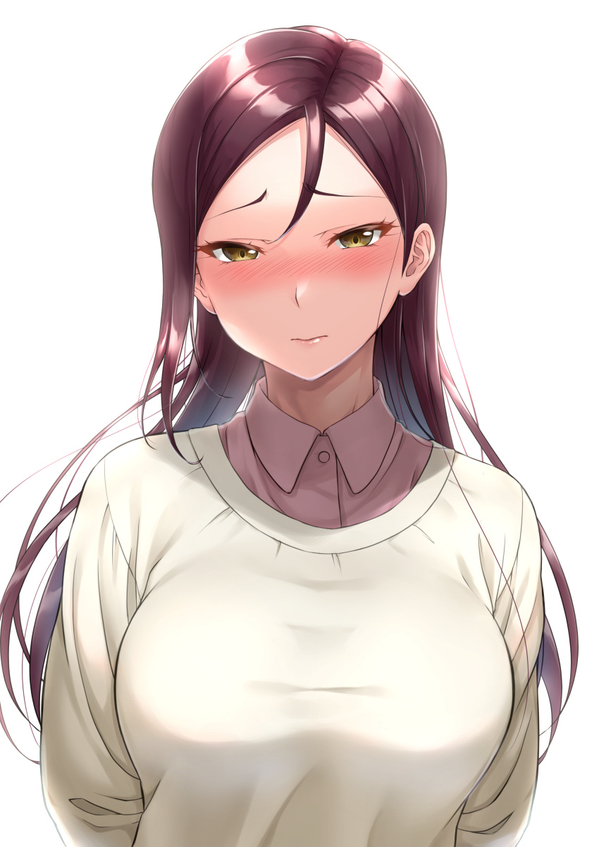 1girl absurdres arms_at_sides bangs blush breasts brown_hair brown_shirt buttons chishio_(onoderayui) closed_mouth collared_shirt commentary_request hair_behind_ear highres large_breasts long_hair long_sleeves looking_at_viewer love_live! love_live!_sunshine!! nose_blush parted_bangs raised_eyebrows sakurauchi_riko's_mother shiny shiny_hair shirt simple_background solo sweater upper_body wavy_hair white_background white_sweater yellow_eyes