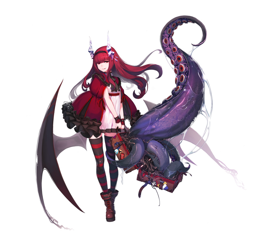 1girl ankle_boots boots briefcase commentary_request demon_girl demon_horns demon_wings diablo3123 dress fantasy frilled_dress frills full_body hairband highres horns licking_lips long_hair looking_at_viewer original red_dress red_eyes redhead solo striped striped_legwear tentacles thigh-highs tongue tongue_out white_background wings