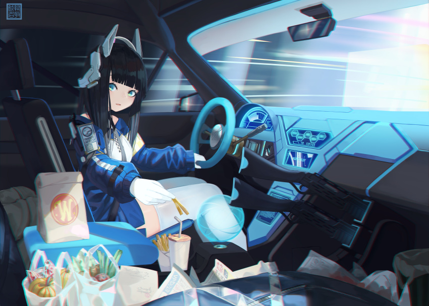 1girl absurdres bag bendy_straw black_hair breasts car_interior chromatic_aberration commentary_request cup disposable_cup drinking_straw driving fast_food food french_fries gloves green_eyes gun headgear highres holding holding_food hologram long_hair long_sleeves looking_at_viewer medium_breasts natori_youkai original paper_bag parted_lips plastic_bag puffy_long_sleeves puffy_sleeves qr_code shirt shotgun sitting sleeves_past_wrists smile solo thigh-highs weapon white_gloves white_legwear white_shirt