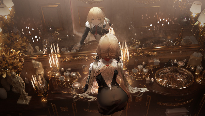 1girl absurdres ata-zhubo black_dress blonde_hair candle candlestand commentary_request counter dress highres indoors lamp long_hair looking_at_mirror mirror original reflection sink solo twintails