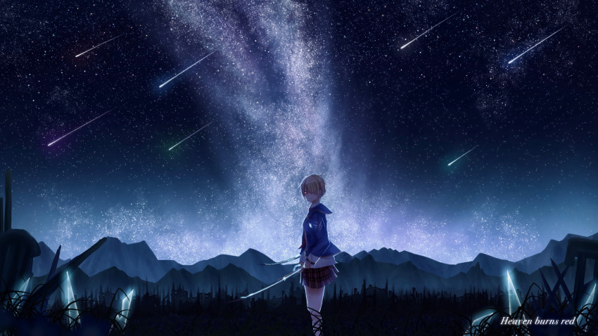 asukake_project copyright_name dual_wielding hair_over_one_eye heaven_burns_red highres holding holding_sword holding_weapon kayamori_ruka long_sleeves looking_at_viewer meteor_shower night night_sky outdoors plaid plaid_skirt red_eyes school_uniform short_hair skirt sky sword weapon