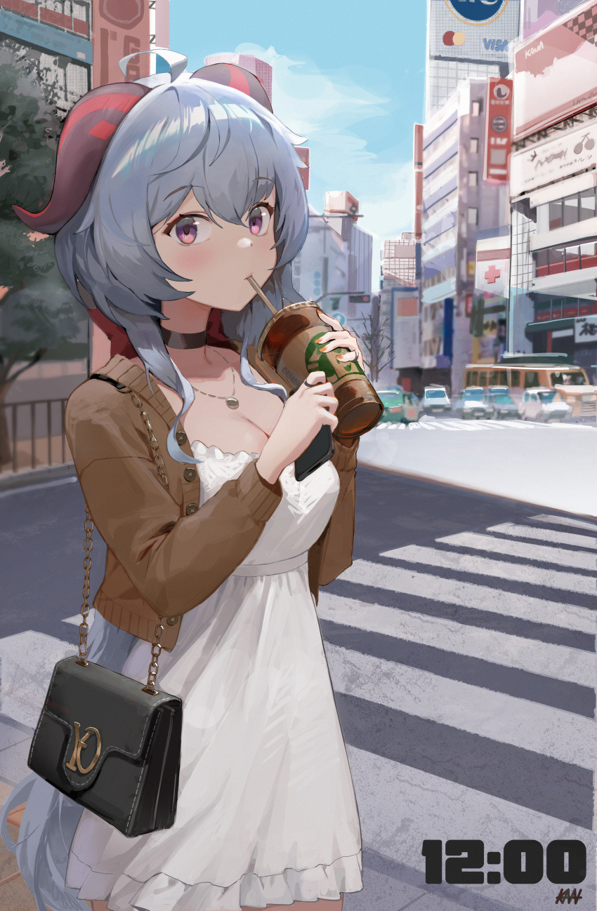1girl bare_legs blue_hair blush breasts car choker city cleavage crosswalk dress drink drinking_straw eyebrows_visible_through_hair female ganyu_(genshin_impact) genshin_impact horns jacket long_hair looking_at_viewer necklace open_mouth outdoors purse sidewalk solo tree violet_eyes white_dress