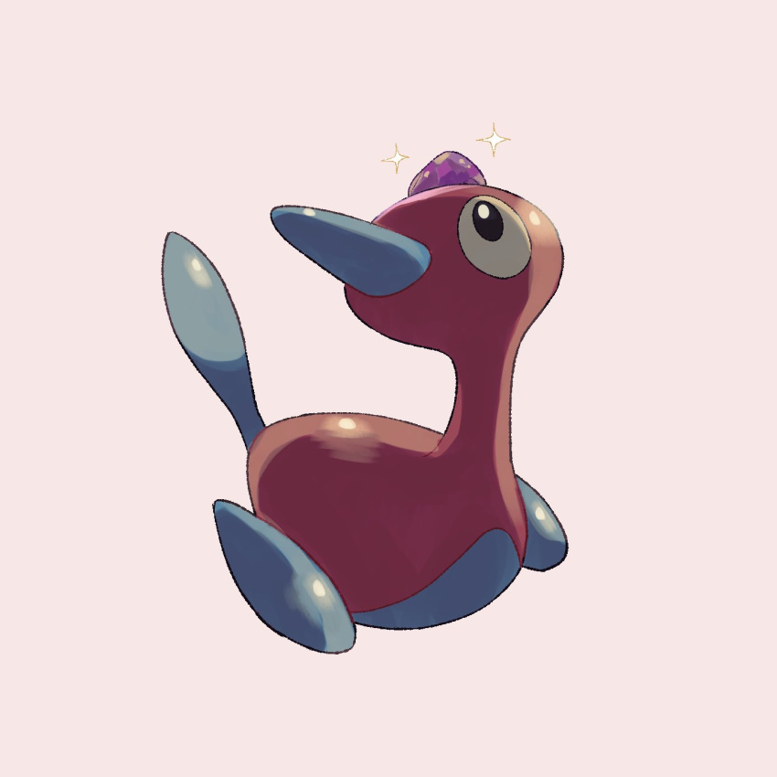 black_eyes eviolite full_body gem highres looking_up no_humans object_on_head pokemon pokemon_(creature) porygon2 purple_gemstone simple_background solo sparkle v_(govvvvw)