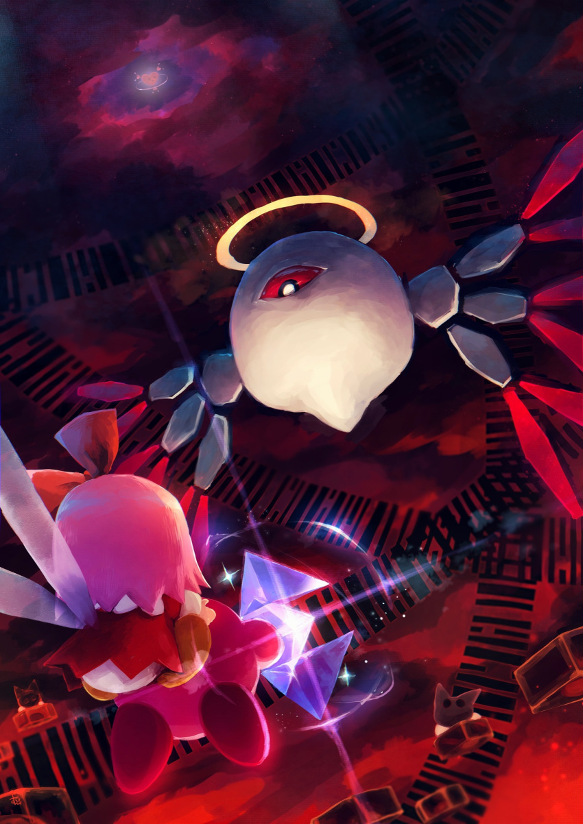 barcode clouds dark_clouds fairy fairy_wings flying from_behind glint gun halo highres holding holding_gun holding_weapon kirby kirby_(series) kirby_64 n-z one-eyed pink_hair red_eyes ribbon_(kirby) ripple_star short_hair suyasuyabi tail weapon wings zero_two_(kirby)