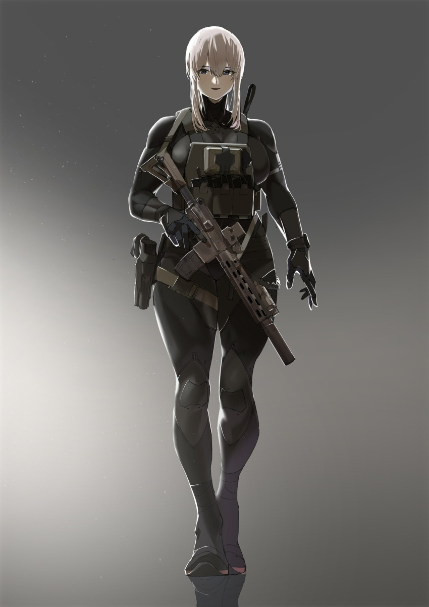 1girl ammunition_pouch ar-15 assault_rifle bangs bodysuit breasts bulletproof_vest grey_eyes gun handgun highres holding holding_weapon large_breasts long_bangs original pen_guin15 pistol plate_carrier pouch rifle smile solo suppressor thick_thighs thighs toned trigger_discipline walking weapon white_hair