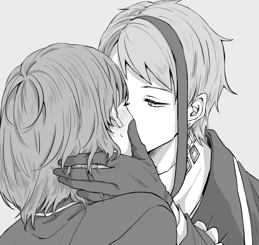 1boy 1girl bangs blush clothes_grab couple diamond_(shape) earrings eyelashes face-to-face gloves greyscale hand_in_another's_hair hand_on_another's_cheek hand_on_another's_face hetero highres jade_leech jewelry kiss long_sleeves looking_at_another looking_away monochrome multicolored_hair night_raven_college_uniform one_eye_covered portrait school_uniform short_hair short_hair_with_long_locks simple_background streaked_hair twisted_wonderland yuu_(twisted_wonderland) yuuinoue