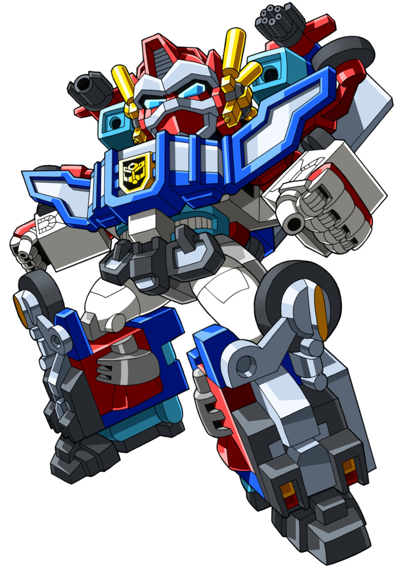 autobot beni_(nikaidera) blue_eyes chibi clenched_hands head_tilt highres insignia looking_up mecha omega_prime shoulder_cannon solo super_robot transformers transformers_car_robots white_background