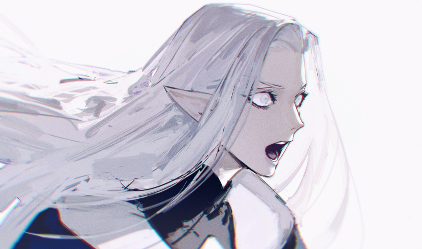 1girl absurdres chinese_commentary commentary_request elezen elf final_fantasy final_fantasy_xiv from_side grey_eyes grey_hair highres huangjin_shizi long_hair looking_ahead open_mouth pointy_ears portrait simple_background solo white_background wide-eyed ysayle_dangoulain