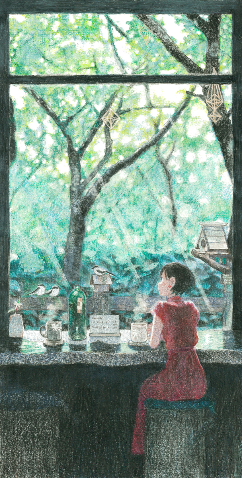 1girl absurdres animal arm_rest backlighting bird birdhouse black_hair bottle closed_mouth colored_pencil_(medium) cup dappled_sunlight day dress drink earrings from_behind from_side fuyuno_kamome hair_behind_ear highres holding holding_cup holding_drink jewelry light_rays light_smile long_dress looking_ahead looking_outside mug original profile red_dress scenery short_hair short_sleeves sitting solo steam stud_earrings sunbeam sunlight table traditional_media tree wide_shot window