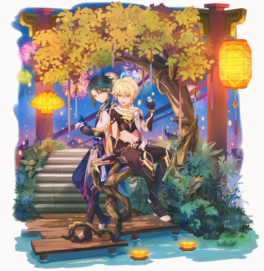 2boys absurdres aether_(genshin_impact) ahoge bangs bird bird_on_hand blonde_hair boots braid braided_ponytail branch brown_gloves crop_top facial_mark fcc fireworks forehead_mark genshin_impact gloves green_eyes hair_between_eyes highres lantern leaf multiple_boys open_mouth orange_eyes plant short_sleeves sitting slit_pupils smile stairs toned toned_male tree water xiao_(genshin_impact) yellow_eyes