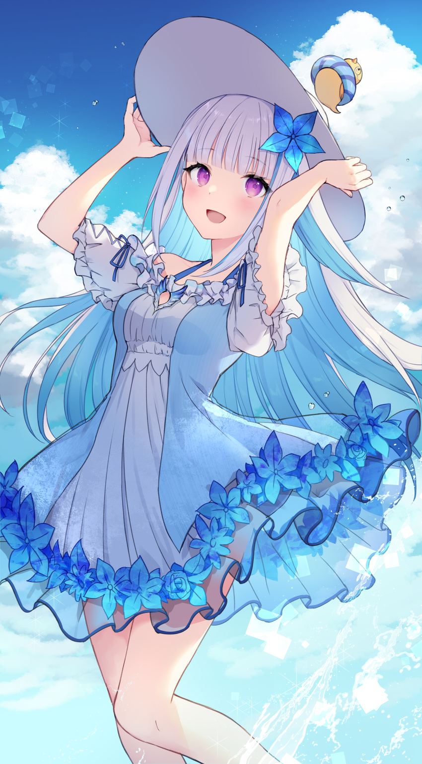 1girl :d absurdres arms_up blue_dress blue_flower blue_hair blush breasts colored_inner_hair dress feet_out_of_frame flower frilled_sleeves frills hair_flower hair_ornament halter_dress halterneck hands_on_headwear hat highres lize_helesta long_hair medium_breasts multicolored_hair nijisanji reimin sebastian_piyodore short_sleeves smile solo sun_hat very_long_hair violet_eyes virtual_youtuber white_dress white_hair white_headwear