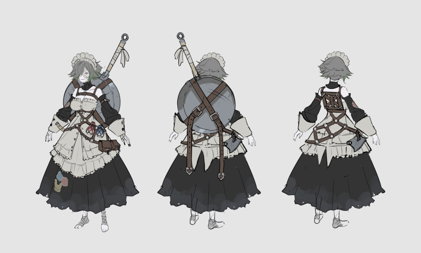 1girl arms_at_sides bandages bare_shoulders belt_pouch black_dress black_nails bottle breasts character_sheet charlotte_(timbougami) commentary detached_collar detached_sleeves dress english_commentary facing_away foot_wraps frying_pan full_body grey_background grey_hair hair_over_one_eye highres kitchen_knife large_breasts maid_headdress multiple_views net no_shoes one_eye_covered original pouch sketch smile standing timbougami turnaround variations