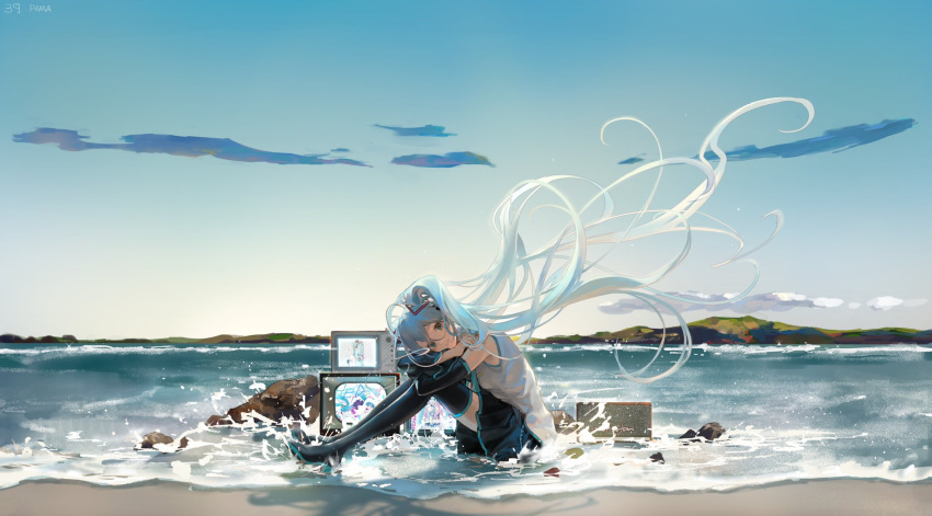 1girl 39 absurdly_long_hair aqua_eyes arm_pillow black_footwear black_legwear black_skirt blue_hair boots crossed_arms detached_sleeves floating_hair hair_between_eyes hatsune_miku highres knees_up long_hair looking_at_viewer looking_to_the_side miniskirt on_ground outdoors pamafff pleated_skirt rock shore sitting skirt sky smile solo song_request television thigh_boots twintails very_long_hair vocaloid waves wide_shot wind